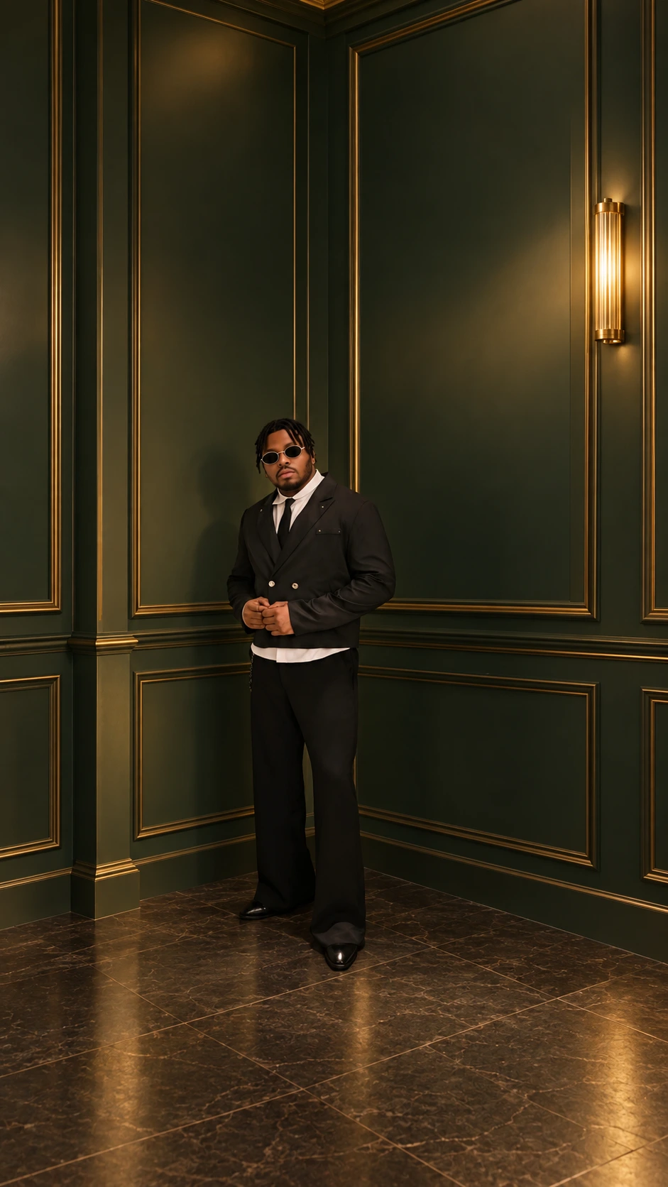 King Pwest wearing a black suit and sunglasses